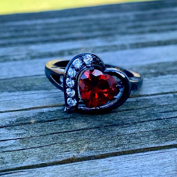 Lab created Ruby heart ring sz 8 black gold plated with Cz - Picture 12 of 16